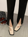 IFOMT Buckle Hollow Split-Joint Square-Toe Flat Shoes Loafers