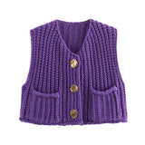 IFOMT Fashion Sleeveless Knitted Cardigan Vests For Women Autumn New Short Sweater Button With Pockets Solid Color Knitted TopChristmas Gifts