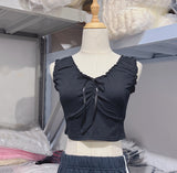 Ifomt Casual Women Ruffles V Neck Tank Tops 2025 Summer Cute Sleeveless Soft Cotton Slim Crop Top Female Vintage Sweet Bow Tops Chic