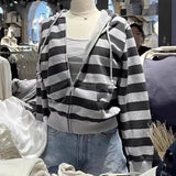 Ifomt Vintage Stripe Pockets Hoodies Women Autumn New Warm Drawstring Long Sleeve Cardigan Top Casual Streetwear Y2K Sweatshirt Female
