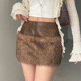 IFOMT Spring Outfits Wild Fashion Zipper Pu Patchwork Faux Fur Women’s Skirts Chic Sexy Skinny Mini Leather Skirt Gyaru