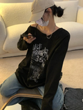 IFOMT T-shirt Fairy Grunge Letter Print Tops Black Autumn Off Shoulder Long Sleeved Korean Tee Loose Harajuku Baggy Shirts Woman Y2K