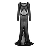 IFOMT Outfits Women's Beachwear Babydoll Long Sleeve V Neck Front Hole Chemise See-through Gown Frill Trim Sheer Nighty Maxi Dress