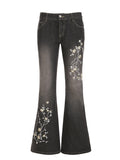 Ifomt Weekeep Floral Embroidery Jeans Vintage 2000s Low Rise Flared Jeans Women Retro y2k Baggy Denim Pants High Street Basic Trousers Casual Outfit
