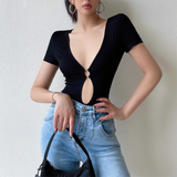 Ifomt Sexy Hollow Out Bodysuit Y2K Clothing Short Sleeves Bodycon T-shirt Women Summer Streetwear Slim Bodice Bodysuits Black Spring Style 2025