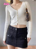 Ifomt Beige Pit Stripe Knitting Long Sleeve Coats Top Woman Solid Color Simple Sweet Auutmn Winter Jacket V-neck Tight Short Sweater