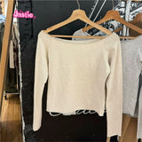 Ifomt Off Shoulder Slim Knit Crop Tops Long Sleeve Edge Curl Beige Gray Tight Autumn Sweater Y2K Streetwear Short Pullovers 2025 New