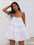 Ifomt Elegant Square Neck Ruffles Layer Hem Blue Mini Dress Fashion Sleeveless Backless A-line Vestidos Casual Holiday Summer Dresses