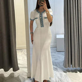 IFOMT Outfit Elegant Denim Collar Knitted Long Dressf Or  Women Short Sleeve Button Pocket Slim Skirt Fashion Office Lady High Street Robe