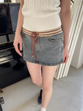 Ifomt Vintage Denim Mini Cargo Skirts Women New Casual Slim Sexy Low Rise Drawstring Skirt American Retro Sweet Preppy Style Y2K Falda