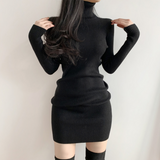 IFOMT Women Autumn Winter Turtleneck Warm Bodycon Dress Long Sleeve Knit Solid Office Pullover Sexy Mini Dress for Ladies 2024