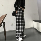 IFOMT Oversize Women Sweatpants Fashion Black Plaid Casual Pants Baggy Elastic Waist Pockets Student Unisex Hip Hop Loose Trousers