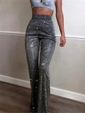 IFOMT Sliver Glitter High Waist Pants Women Casual Straight Leg Party Night Clubwear Trousers Ladies Fashion Sparkly BottomChristmas Gifts