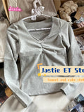 Ifomt Bow Gray V-neck Long Sleeve Tees Lace Trim V-neck Tight Women T-shirt Autumn Spring Solid Color Casual Crop Top Y2K Tight Tshirt