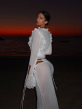 Ifomt Chic Ruffle Hem U Neck Full Sleeve Tops Suit Women Summer Lace Up Slim Fit Solid Color 2pcs Set Summer Lady Holiday Beach Outfit