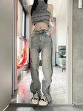IFOMT Low Rise Washed Straight-Fit Slit Wide-Leg Jeans