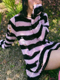 IFOMT Distressed Stripe Longline Sweater