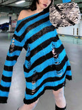 IFOMT Distressed Stripe Longline Sweater