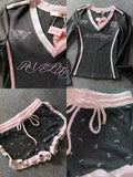 Ifomt American Vintage Spice Girl 2 Piece Set Women Sexy V-neck Long Sleeve Slim Tops + Y2k High Waist Shorts Sweet Sprots Suits 2024 outfit inspo