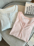 Ifomt Sweet Blue Striped Patchwork Slim T-shirt Women Buttons O-Neck Cotton Long Sleeve Tee Preppy Style Cute Vintage T Shirt Y2K Top