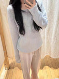 Ifomt New Autumn Beige Thin Transparent Long Sleeve Knitted Sweater With Hollowed Out Solid Color Basic Sheer Knitting Pullovers Top