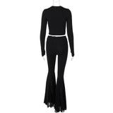 IFOMT Outfits O Neck Diamonds Rhinestone Long Sleeve Tshirt Top Long Flare Pant Women'S Sets Autumn Casual Clothing Fashion Korean