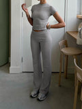 IFOMT Spring Outfits Gray Solid Slim Basic Sports Sexy 2 Pieces Yoga Sets Women O Neck Short Sleeve Tee & Chic Low Waist Skinny Pants Tracksuit S-XL