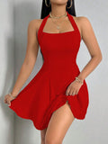 Ifomt All Seasons Women's Dresses Fashion Halter Square Neck Pleated A-Line Mini Elegant Dress New Year Valentine's Day Gift