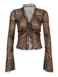 IFOMT Spring Outfits Leopard Print Lace-Up Blouse Shirts Women Semi-Sheer Mesh Elegant Fashion Sexy Flared Sleeve Ruffled Cardigan Tops