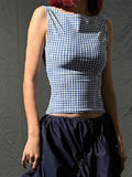Ifomt Korean Fashion Backless Plaid Print Bow Tie Sleeveless Crop Top 2025 Casual Streetwear Summer Slim Fit Corset Style Casual Outfit