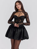 IFOMT Sexy Lace Bandage Mini Dress Women's Fashion See Through A-line Dress Fishbone Splice Long Sleeve Black Gown Dresses LadyChristmas Gifts