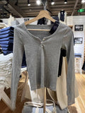 Ifomt Solid Color Gray Ribbred Women T-shirts Spring Fall  Casual Basic Long Sleeve Tee Cotton Blend Tight Y2K Street Tops Woman