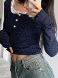 IFOMT Spring Outfits Dot Print Slim Y2K Long Sleeve T-Shirt Women Contrast Lace Patchwork Button Up Square Collar Cute Japanese Kawaii 2000s Tees