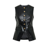 IFOMT Party Otufit Fashion Leather Mini Skirt Sets Women Sleeveless Button Vest Jacket Hip Package Short Skirt Suits 2025 Female Motorcycle Outfits