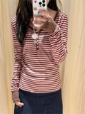 Ifomt Sweet Pink Brown Striped Long Sleeve T-shirt Women Six Buttons O-Neck Cotton Slim Tee Preppy Style Cute Vintage Tshirt Y2k Tops