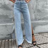 IFOMT High Waisted Side Split Out Jeans Women Casual Loose Cargo Black Pants Streetwear Summer Wide Leg Long Baggy Y2k Jeans