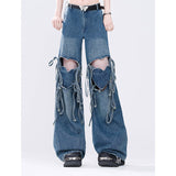 Ifomt Women Retro Blue Pants Baggy Vintage Y2k Harajuku 90s Aesthetic Pants Hollow Out High Waist Wide Leg Trouser 2000s Clothes 2024
