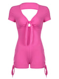 IFOMT Spring Outfits Backless Skinny Shirring Tie Sexy Short Sleeve Black Rompers Women Cut Out V Neck Pink Rave Sports Baddie Playsuits