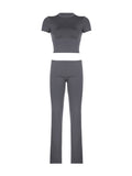 IFOMT Spring Outfits Gray Solid Slim Basic Sports Sexy 2 Pieces Yoga Sets Women O Neck Short Sleeve Tee & Chic Low Waist Skinny Pants Tracksuit S-XL