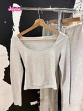 Ifomt Light Gray Long Sleeve Crop Top Y2K Harajuku Square Collar Slim Sexy Long Sleeve T-shirts New Autumn Tight Female Tees 2025