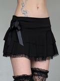 IFOMT Spring Outfits Goth Y2K Black Lace Trim Bow A Line Mini Skirt Women Korean Streetwear