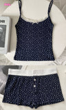 Ifomt Red Floral Print Camis And Elastic Waist Shorts Women Suit Y2K Sweet Lace Trim Bow Tank Shorts Summer Two Piece Set For Women