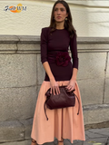 Ifomt Elegant Round Collar Long Sleeve Slim Robe Women Contrast Spliced Pleated Hem Long Dress New Lady Fashion Evening Party Dresses