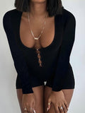 IFOMT Spring Outfits Hollow Hook Front Skinny Sexy Black Rompers Womens Black Solid O Neck Long Sleeve Autumn Winter Playsuit Basic Baddie Outfits