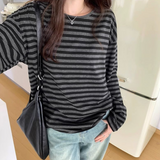 IFOMT Spring Autumn Women Harajuku Striped T Shirt Long Sleeve O-Neck T-Shirts Korean Casual Oversized T Shirt Femme Black Tops