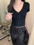 IFOMT Korean Kawaii Lace Patchwork Women T-shirt Y2K Aesthetic Vintage Floral Top Bow Knot  V-neck Short Sleeve Crop Top Elastic Slim