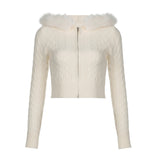 IFOMT Spring Outfits White Solid Slim Zip Up Hooded Cropped Sweater Cardigan Women Autumn Winter New Sweet Coquette Fluffy Outerwear