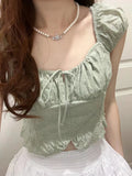 Ifomt Square Collar Lace-up Chic Summer T-shirts Flower Embroidery Tight Sexy Crop Top Sweet White Versatile Short Sleeve Tee Tank