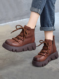 IFOMT Vintage Cow Leather Wool Boots Platform Shoes