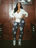 Ifomt Y2k Flower Print Denim Pants Set Women Lapel Button Pocket Coat Zippers Slim Trousers 2025 Spring Fashion Lady 2 Pieces Outfits
